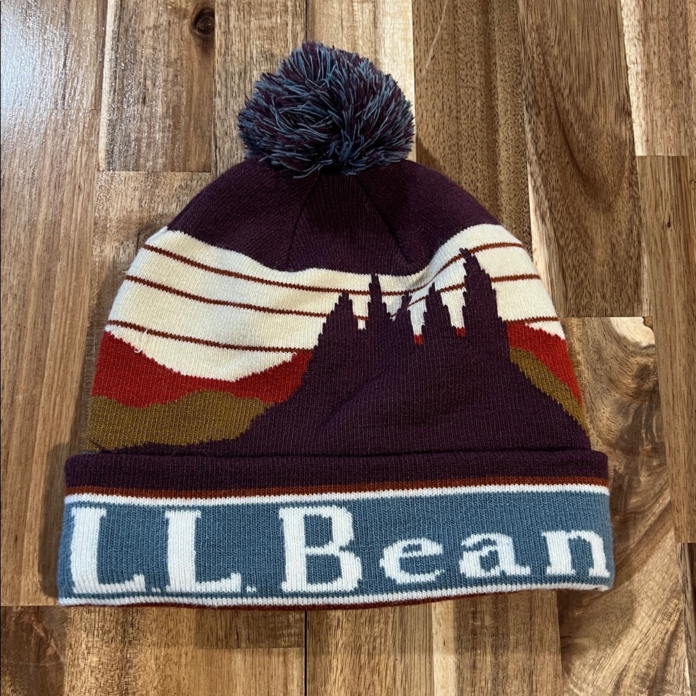 L.L. BEAN Mountain Katahdin Pattern Pom Pom Beanie Hat Maroon Blue